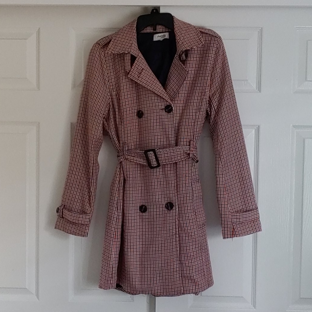 Black, white and red trench coat